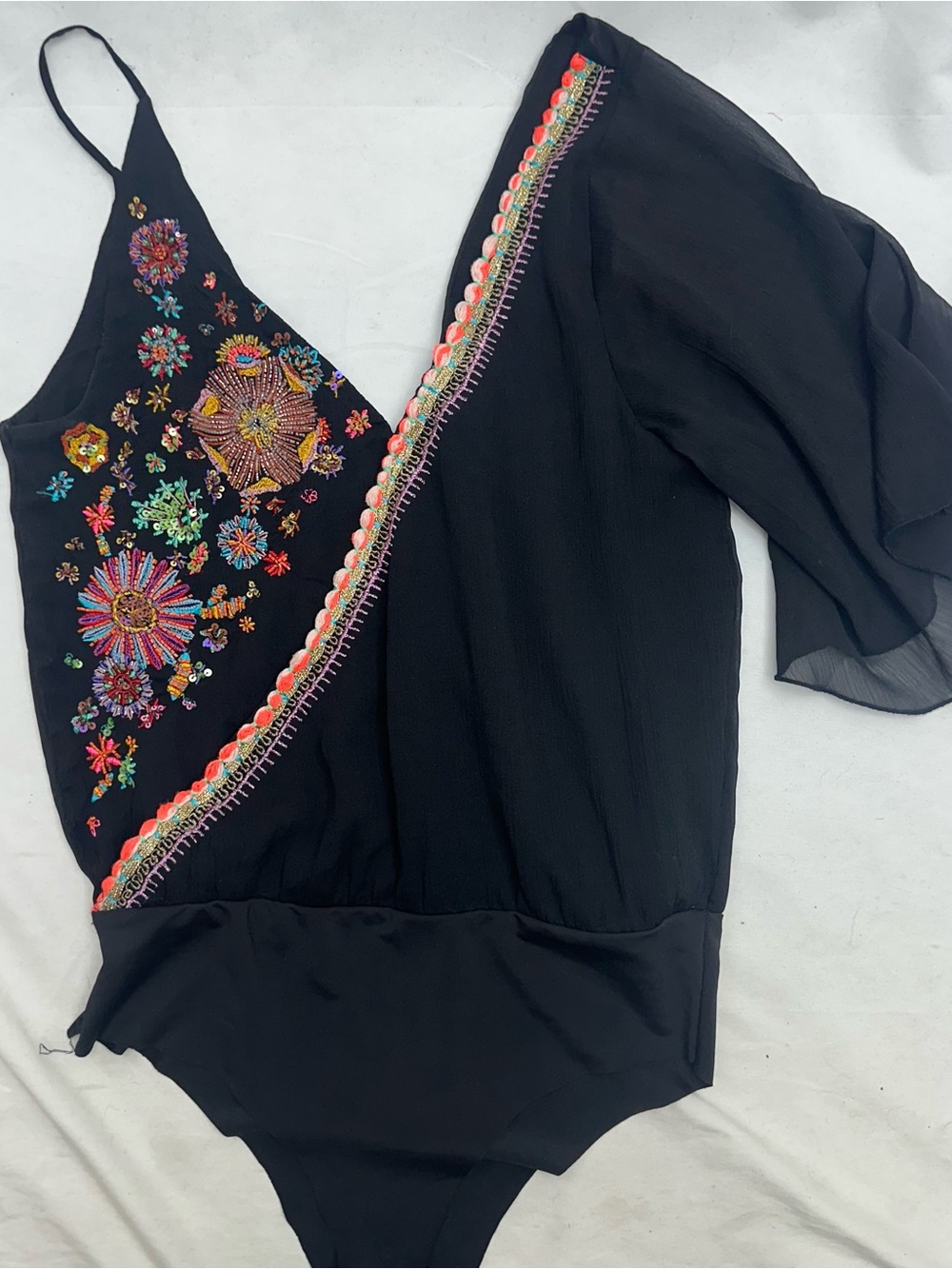 Zara Black One-Shoulder Embroidered Floral Bodysuit S